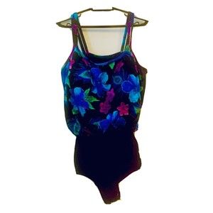 Vintage Robbie Len Swimsuit One Piece Plus Size 18 Blue Purple Black Floral New